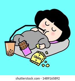 A Girl Has Sweet Food And Snacks Around Her While Napping On Holiday Concept Card Character illustration