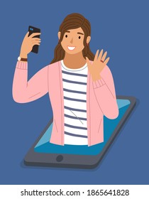Girl has a video conference on the smartphone, takes a selfie. Female character with a phone on her hand and a ring. Woman happily waves at the camera. Mobile phone on the table vector illustration