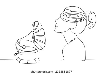 The girl has a vinyl record playing in her head. Nearby is a gramophone. International Strange Music Day. One line drawing for different uses. Vector illustration.