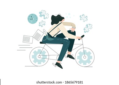 Girl haste cycling to work. Employee morning routine. Urban character with bag riding on bicycle. Woman is commuting bike in a city street to job. Modern flat vector illustration isolated on white