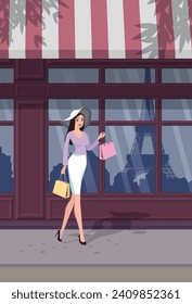 A girl in a hat against a shop window where Paris is reflected. Vector.