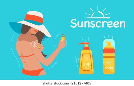 Girl in a hat applying sunscreen to her body. UV protection, skin care with SPF. Summer vacation banner.