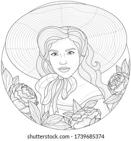 
Chica en un sombrero y alrededor de peonías. Colorante libro antiestrés para niños y adultos. Ilustración aislada sobre fondo blanco. Estilo zenano-margino. Dibujo en blanco y negro.