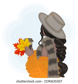 Girl in a hat with autumn leaves and coffee, fashion, vector illustration