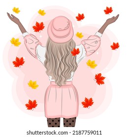 Girl with a hat and autumn leaves, fashion, vector illustration