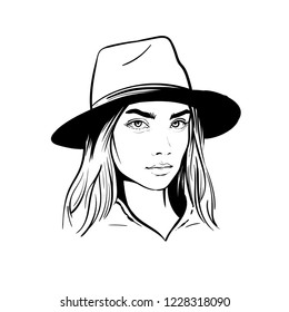 Girl with hat. Black and white Vector.
