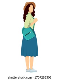 Girl in a hat, a blue skirt with a backpack. Vector illustration in flat style. Travels or hiking concept. City walks. For t-shirt Print, postcard, travel agency