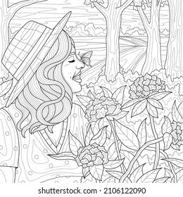 
Girl in a hat with a butterfly on her nose among the flowers.Coloring book antistress for children and adults. Illustration isolated on white background.Zen-tangle style. Hand draw