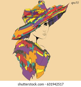 Girl in hat and cape
Silhouette portrait of art nouveau style woman in half turn in headgear and shawl bright print print author design