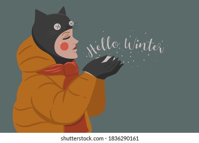 Girl in a hat with cat ears and the inscription Hello Winter. Vector graphics.