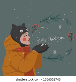Girl in a hat with cat ears and the inscription Merry Christmas. Vector graphics.