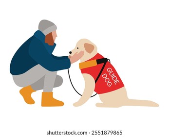 Chica Con Sombrero Y Abrigo Sentado Con Perro Guía Para Personas Ciegas. Tiempo de invierno al aire libre. Ilustración vectorial Aislada En Blanco. Estilo plano. 