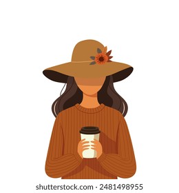 Girl in a hat with a cup of coffee on a white background. Cartoon vector illustration.