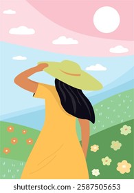 A girl in a hat and dress with her back in the foreground against the backdrop of a flowering meadow, sky, and sun. Vector graphics.