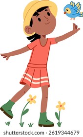 A girl in a hat and dress reaches for a small bird.  A young lady in boots enjoys a sunny day in the field with blooming flowers. Cartoon vector illustration