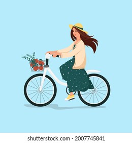 Girl in a hat and dress rides a bicycle. Woman on a bicycle carries apples in a basket. Vector illustration in cartoon style. Flat design.