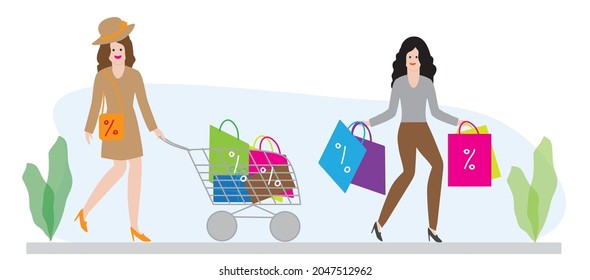 A girl in a hat and dress rolls a shopping basket and a second girl with shopping bags goes. Autumn sales . A consumer basket with packages and gifts. Happy customers. Flat design style.