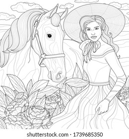 
A girl in a hat and dress stands near a horse. they are surrounded by peonies.Coloring book antistress for children and adults. Illustration isolated on white background.Zen-tangle style. 