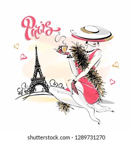 The girl in the hat drinks coffee.  Fashion model in Paris. Eiffel tower. Romantic composition. Elegant model on vacation. Vector.