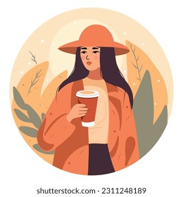 A girl in a hat drinks coffee on the street, a woman enjoys a cappuccino in a glass mug, a young woman holds a cup of cafe, coffee to go, flat vector, gentle shades