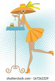 girl in a hat drinks drink and eats a fruitcake