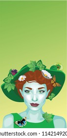 A girl in a hat with fruits, berries, flowers, a harvest symbol on a green background. Vector illustration.
