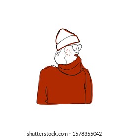 Girl in hat, glasses and Christmas red sweater. One line woman, abstract portrait in modern trendy style, beauty logo, fashion icon