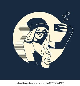 A girl in a hat and glasses takes a selfie on the phone.  Hearts and likes of social networks fly out of the phone. Vector illustration.