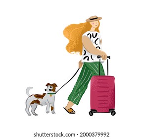 Girl in a hat goes with a dog and a suitcase. Concept of vacations and traveling with your pets. Walk on a summer vacation. Young woman with an animal. Cartoon vector illustration