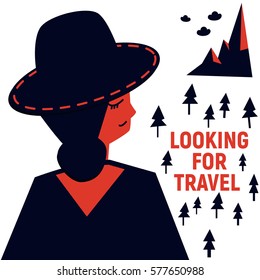Girl in hat hipster card looking for travel poster