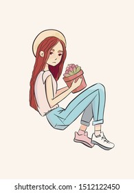 A girl in a hat holding a small flower in a pot on a pink background.
