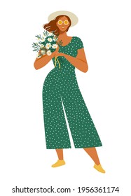 A girl in a hat holds a bouquet of daisies. A fashionable woman in a summer polka-dot jumpsuit.