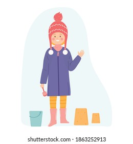 Girl in a hat and jacket for a walk. Vector illustration for banners, posters, postcard. Cartoon style character.