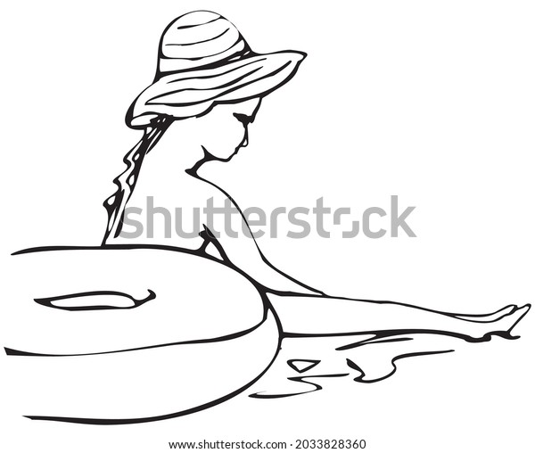 Девочка Милана в шляпе с надувным кругом на пляжем. Векторный рисунок сделал художник Андрей Бондаренко @iThyx_AK