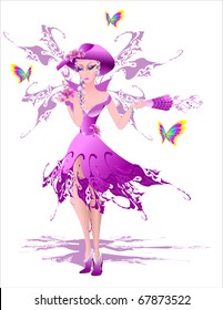 The girl in a hat with a lily in a hand. Vector illustration