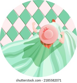 girl in a hat, in a lush dress, top view, vector illustration