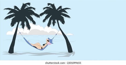 Girl in hat is lying in a hammock. Young woman is sunbathing. Hammock between palm trees. Beach scene. Relax in paradise, girl in swim-trunks swings in hammock stretched between coconut palm trees.