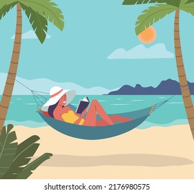 Girl in hat is lying and reading book in a hammock.Young woman is sunbathing. Hammock between palm trees. Beach scene. Vector flat illustration