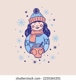 Girl in a hat and mittens holds a glass of mulled wine. Traditional drink for the winter holiday. Design element for holiday card, invitation, poster. Christmas and New Year.
