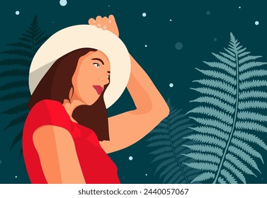 A girl in a hat, on a background of ferns