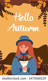 Girl in a hat on the background of nature, mountains, forests. Woman holding autumn bouquet for flyers, postcards, presentations.