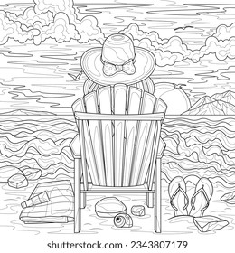 Girl in a hat on the beach on a lounger. Back view.Coloring book antistress for children and adults. Illustration isolated on white background.Zen-tangle style. Hand draw