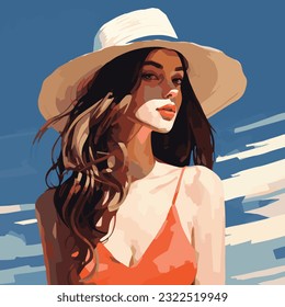 girl in hat on beach style minimalist