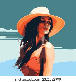 girl in hat on beach style minimalist, flat color and limited palette