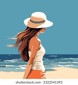 girl in hat on beach style minimalist, flat color and limited palette