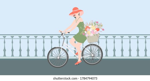 Girl in a hat on a bicycle with a basket of flowers rides on the bridge - vector. World Car Free Day. The banner is horizontal.