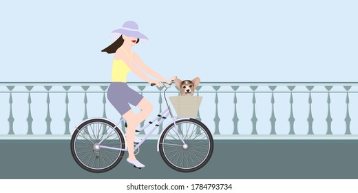 Girl in a hat on a bicycle with a corgi dog rides on the bridge - vector. World Car Free Day. Banner horizontal.
