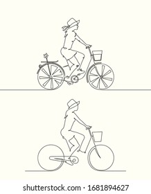 Girl in hat on bike. Continuous line drawing of cyclist on bicycle silhouette. Set of linear vector illustrations for graphic design, prints, t-shirts