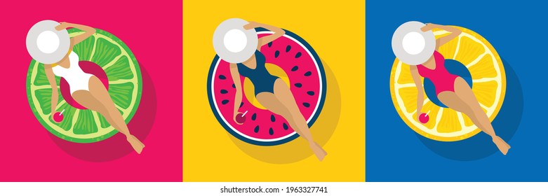 A girl in a hat on a bright swimming circle in the form of a watermelon and a lemon. A set of vector illustrations.