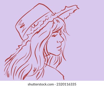 Girl in hat on purple vector for card, decoration, illustration